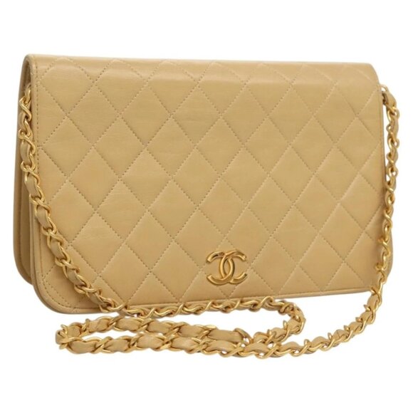 CHANEL Matelasse Chain Shoulder Bag Lamb Skin Beige Gold CC Auth 131435 - Picture 1 of 16